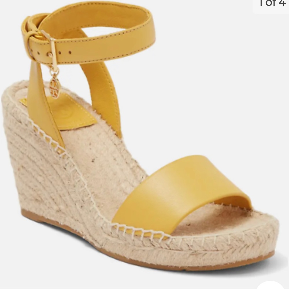 New Tory Burch Laurel 90mm Wedge Espadrille Sandals Leather Yellow